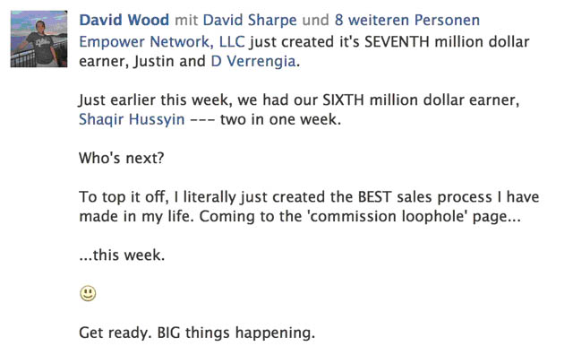 Empower Network - Facebook Post von David Sharp